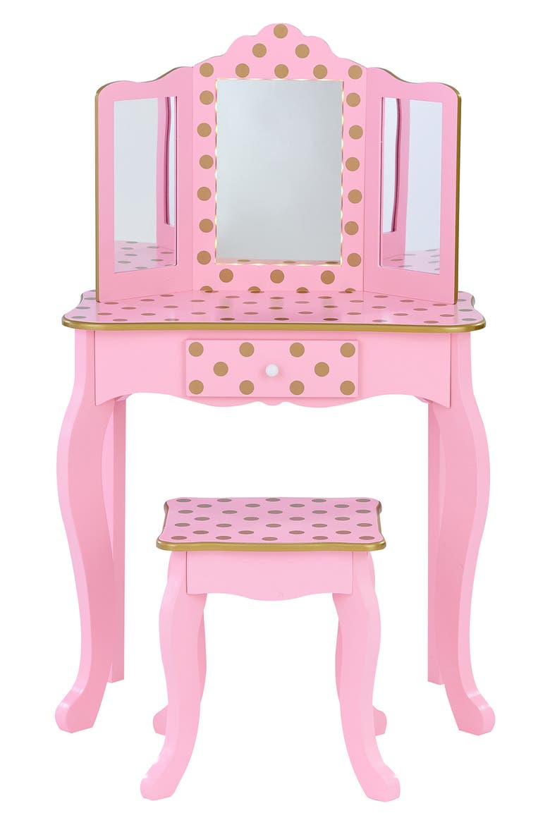 Fantasy Fields Fashion Gisele Polka Dot Vanity & Stool, Alternate, color, PINK / GOLD
