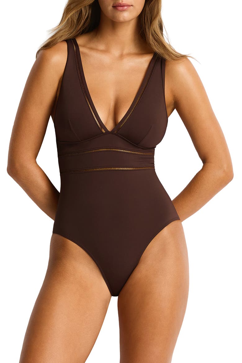 Spliced Plunge One-Piece, Main, color, COCOA