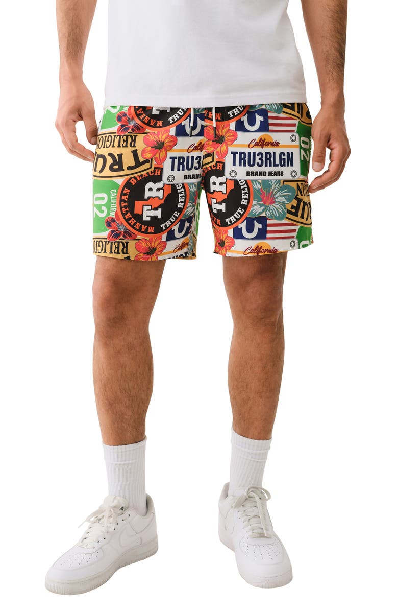 True Religion Logo Print Board Shorts, Main, color, 