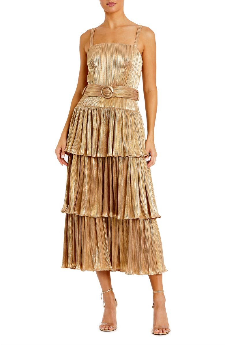 Mac Duggal Square Neck Metallic Plissé Dress with Buckle Detail, Main, color, Gold
