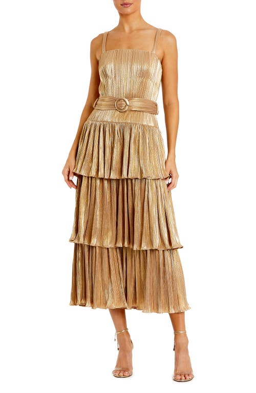 Mac Duggal Sleeveless Ruffle Tiered Metallic Buckle Midi Dress In Gold