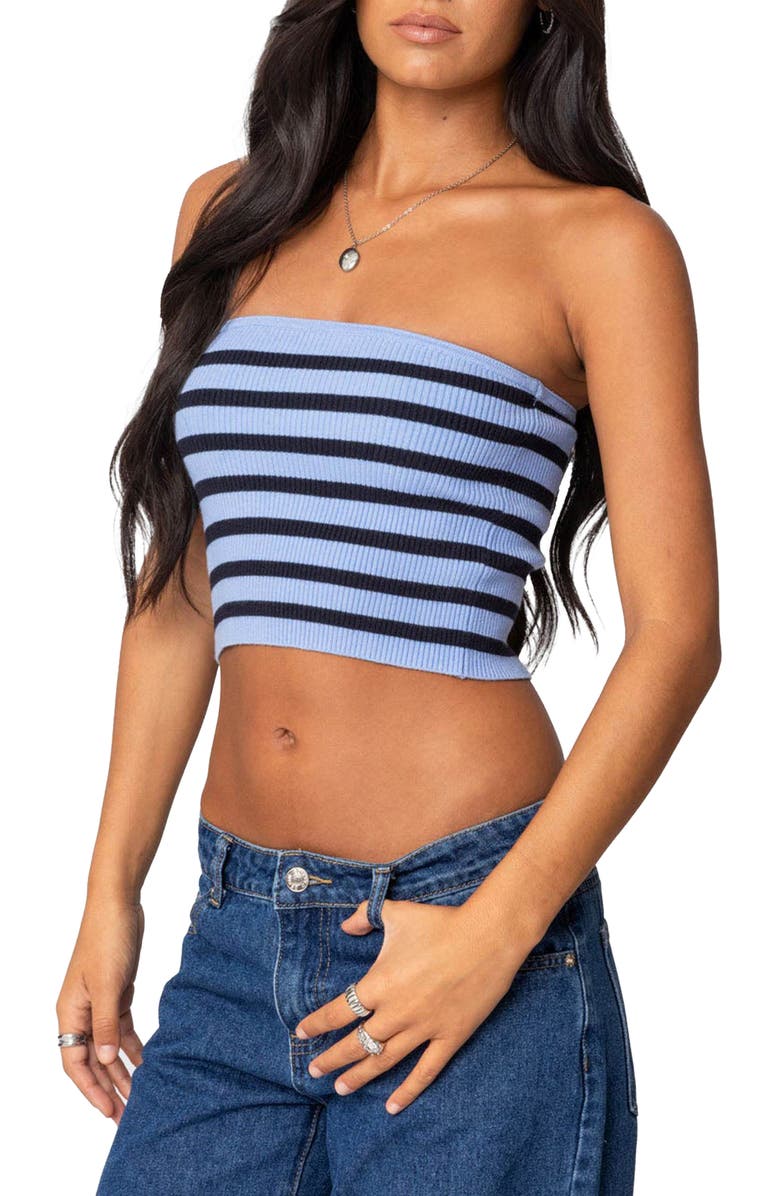 EDIKTED Lexi Stripe Rib Crop Tube Top, Alternate, color, Blue