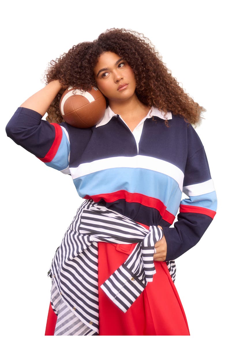 ELOQUII Striped Polo Shirt, Main, color, Navy Red And White Stripe