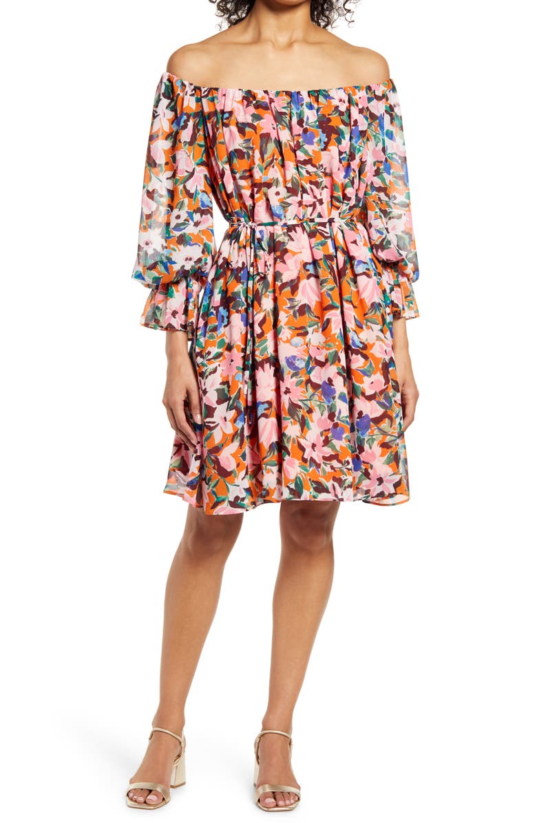 Donna Morgan Floral Long Sleeve Crepe Dress, Main, color, 