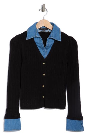 Ellen Tracy Denim Trim Button Front Cardigan In Black