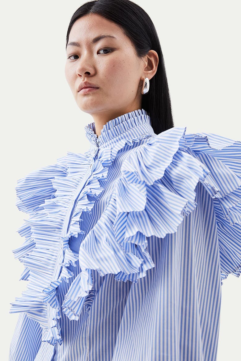 Pleated Striped Ruffle Woven Shirt, Alternate, color, Stripe