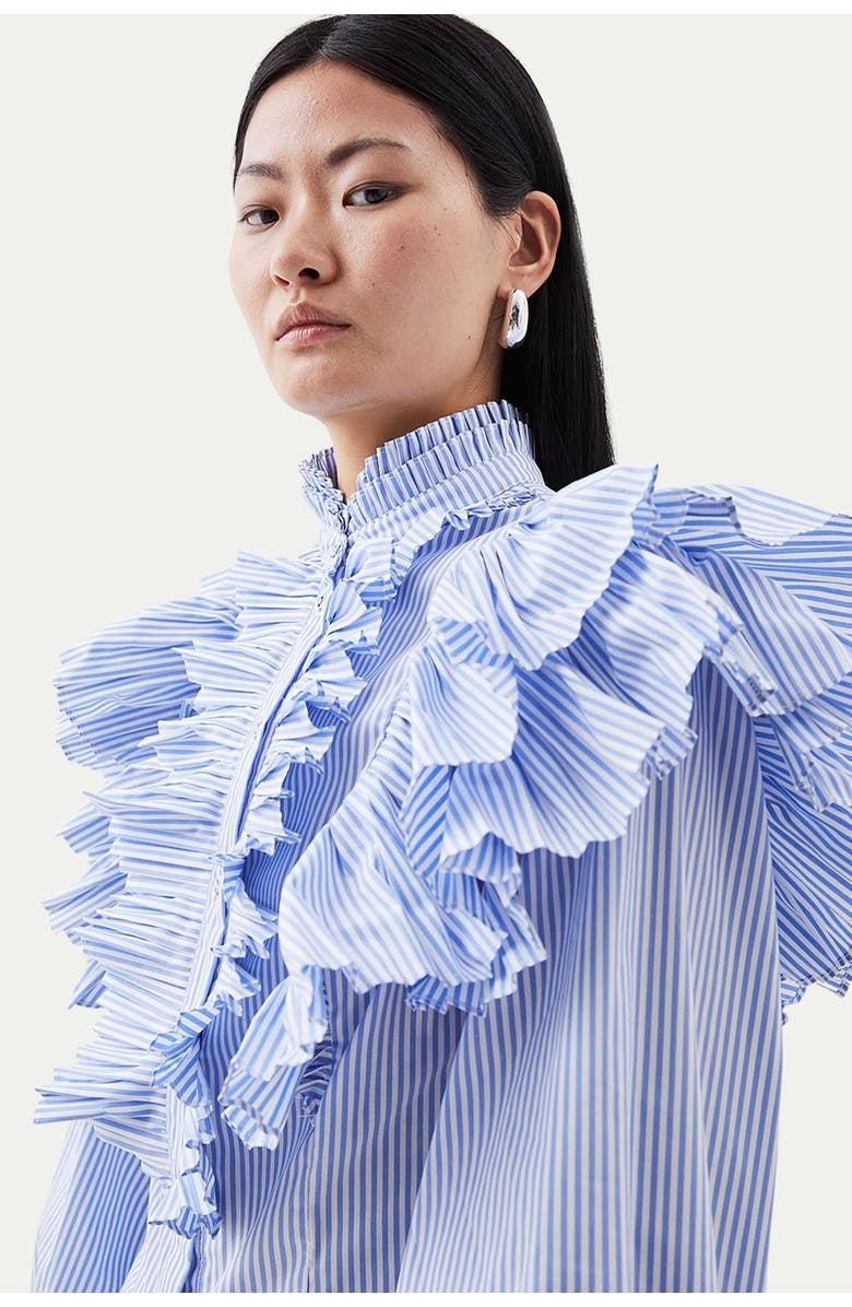 Karen Millen Pleated Striped Ruffle Woven Shirt, Alternate, color, Stripe