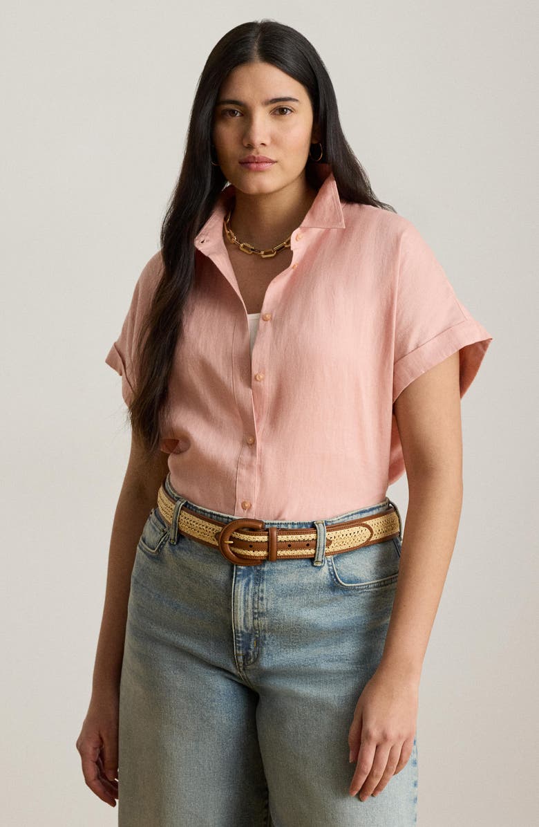 Lauren Ralph Lauren Broono Short Sleeve Linen Button-Up Shirt, Alternate, color, Pink Rhodonite