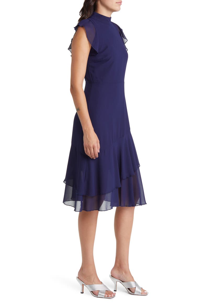 Ruffle Mock Neck Midi Dress, Alternate, color, NAVY
