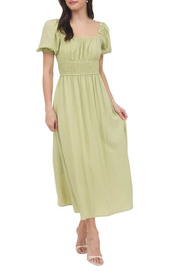 August Sky Puff Sleeve Midi Dress In Light Kiwi