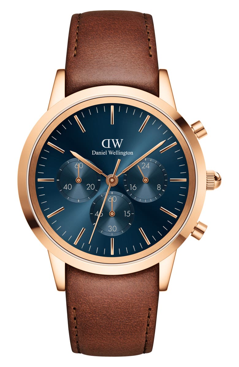 Daniel Wellington Iconic St. Mawes Chronograph Leather Strap Watch, 42mm, Main, color, Rose_gold