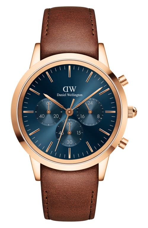 Daniel Wellington Iconic St. Mawes Chronograph Leather Strap Watch, 42mm in Rose_Gold 