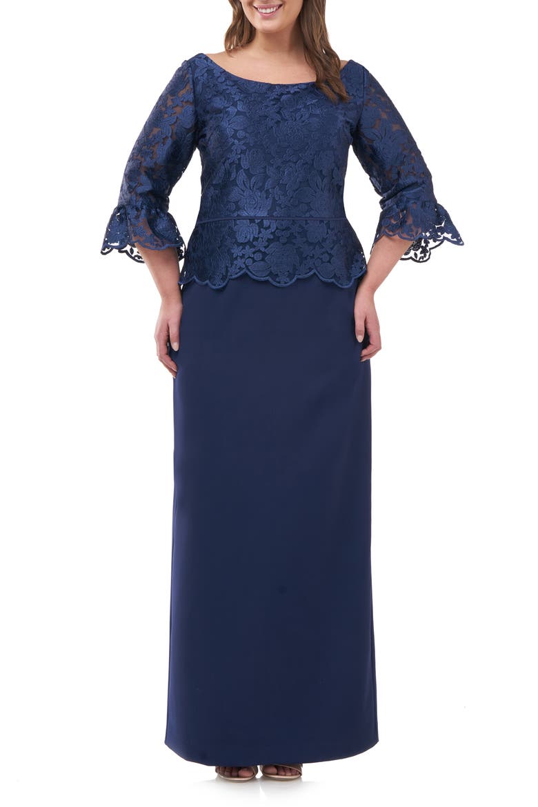 Embroidered Peplum Column Gown, Main, color, NAVY