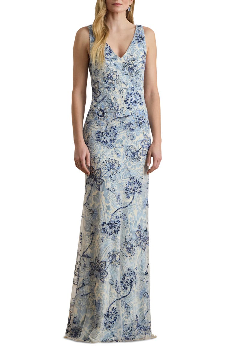 Beaded Floral Mesh Gown, Main, color, BLUE/ MULTI