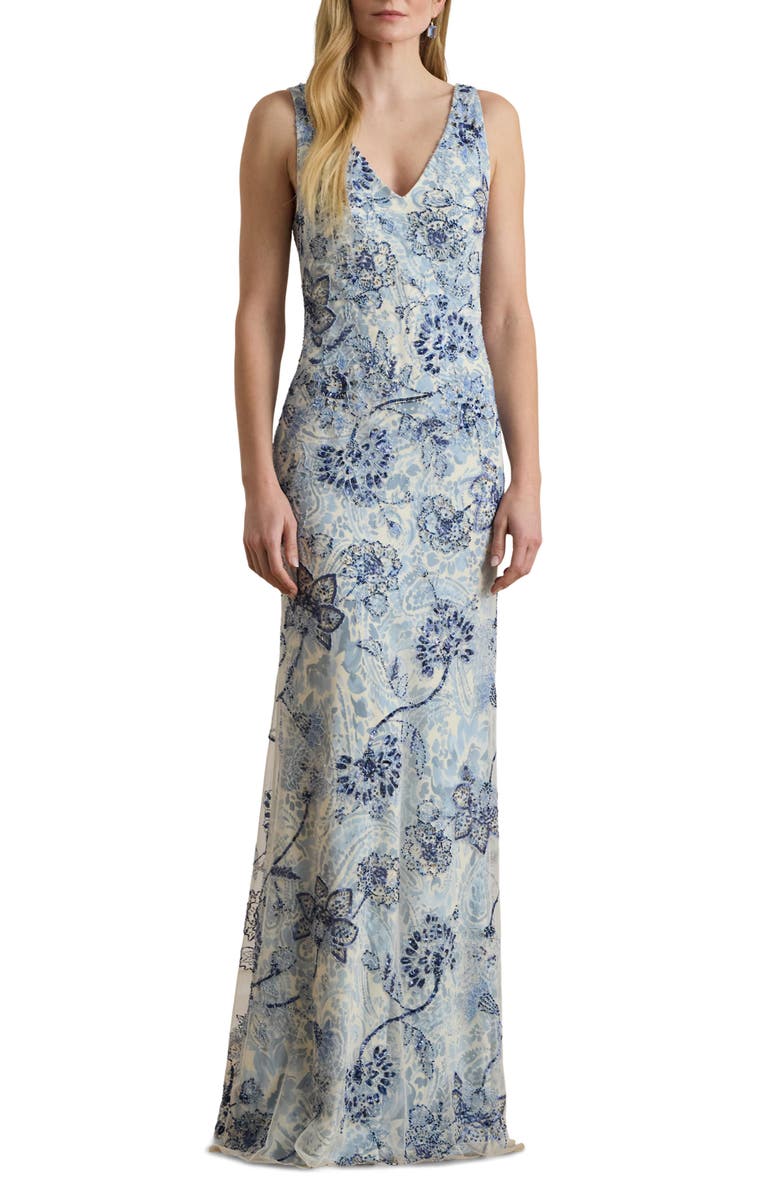 Lauren Ralph Lauren Beaded Floral Mesh Gown, Main, color, Blue/ Multi