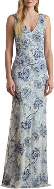 Lauren Ralph Lauren Beaded Floral Mesh Gown