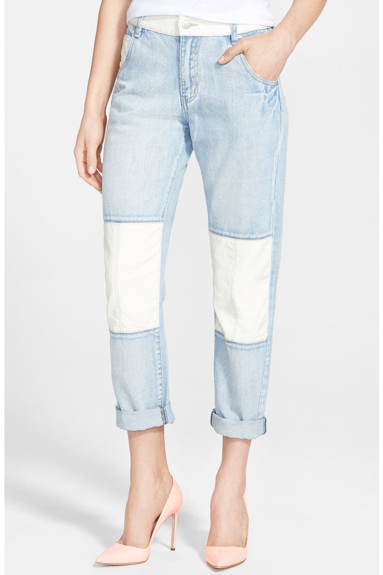 'White Trash Superstar' Faux Leather Detail Boyfriend Jeans, Main, color, LIGHT BLUE