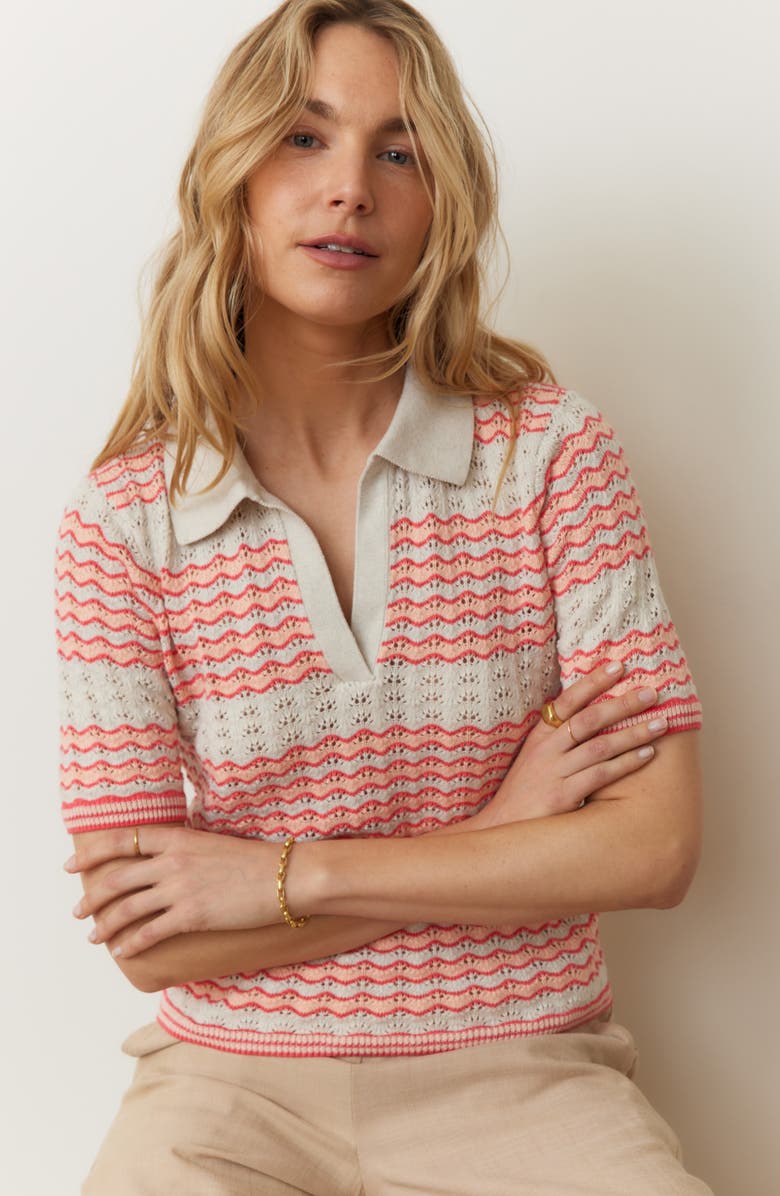 Marine Layer Spencer Open Stitch Short Sleeve Polo Sweater, Alternate, color, Pink Groove