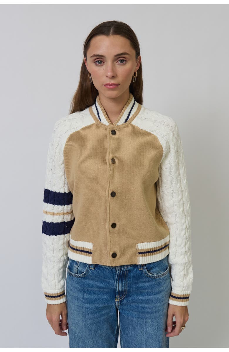 Central Park West Chloe Cable Sleeve Knit Bomber, Main, color, Camel