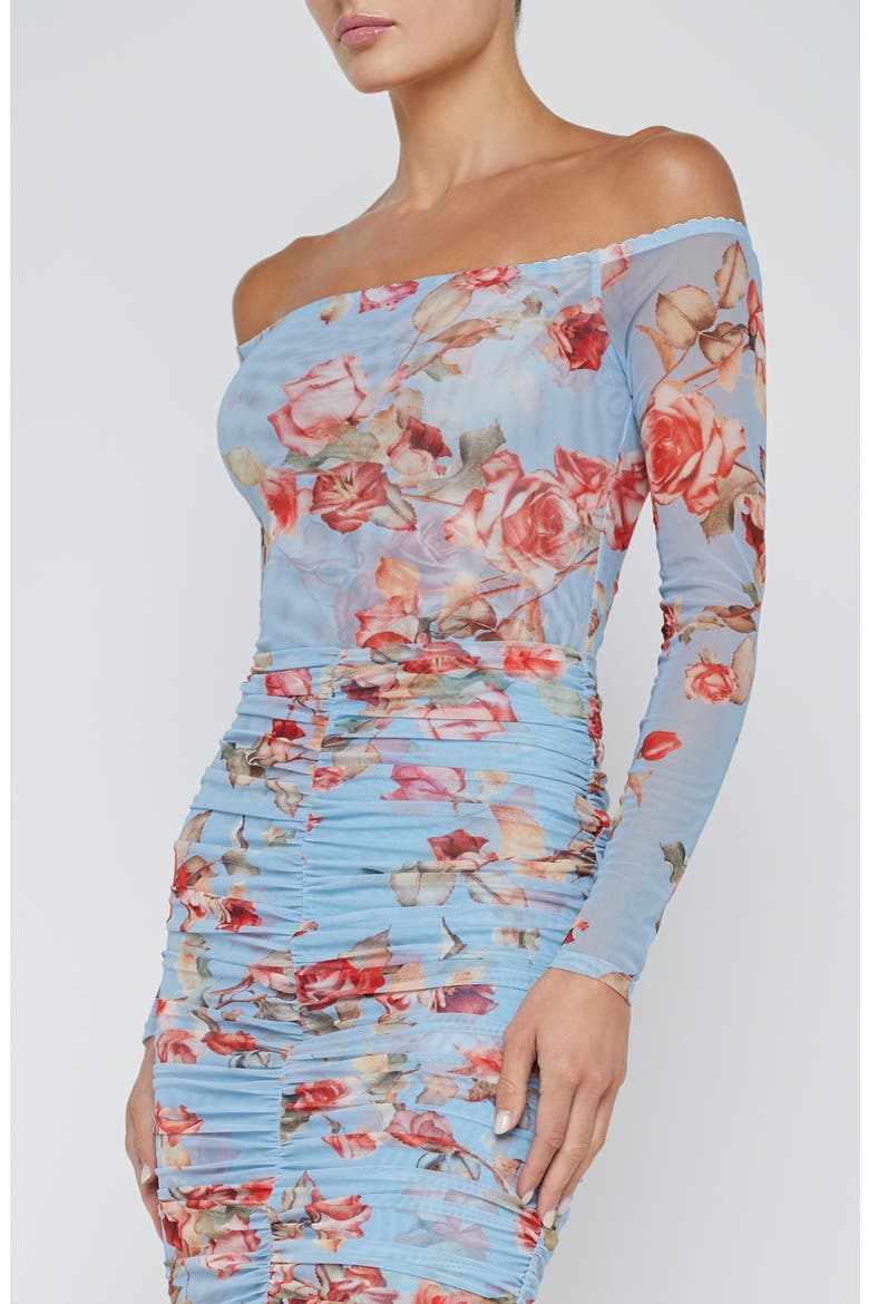 Peonie Floral Off the Shoulder Mesh Bodysuit, Alternate, color, LT BLUE TA