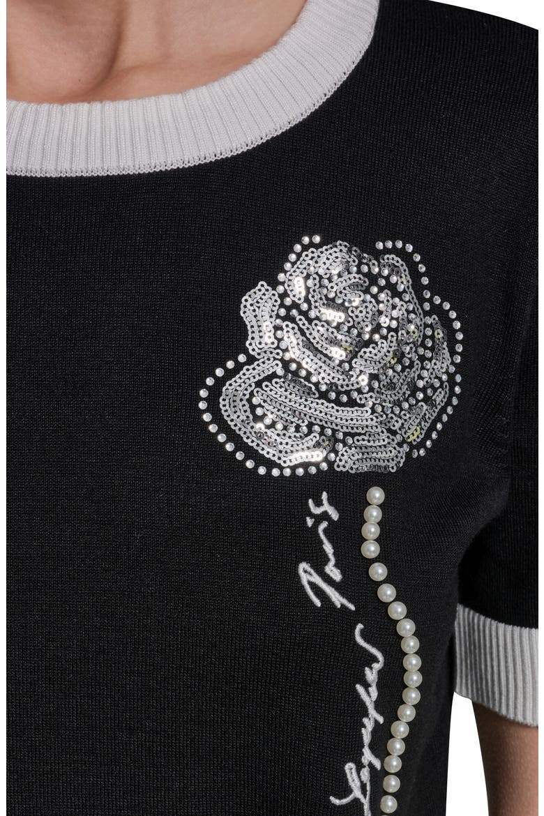 Beaded Rose & Faux Pearl Detail Short Sleeve Sweater, Alternate, color, BLACK/ SOFT WHITE