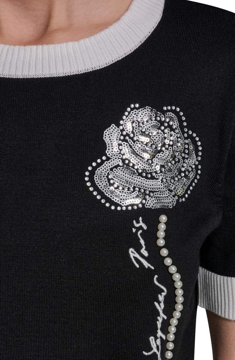 KARL LAGERFELD PARIS Beaded Rose & Faux Pearl Detail Short Sleeve Sweater, Alternate, color, 