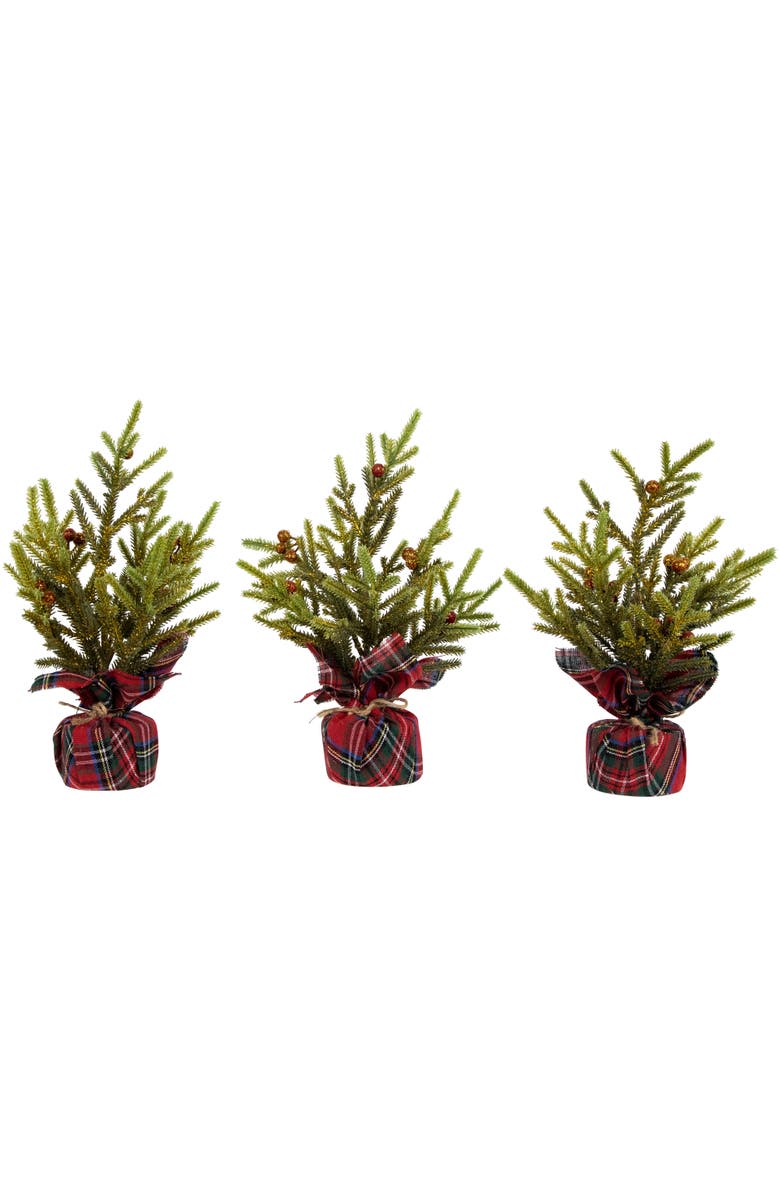 Northlight Mini Glittered Pine with Berries Artificial Christmas Trees - 9" - Set of 3, Main, color, Green