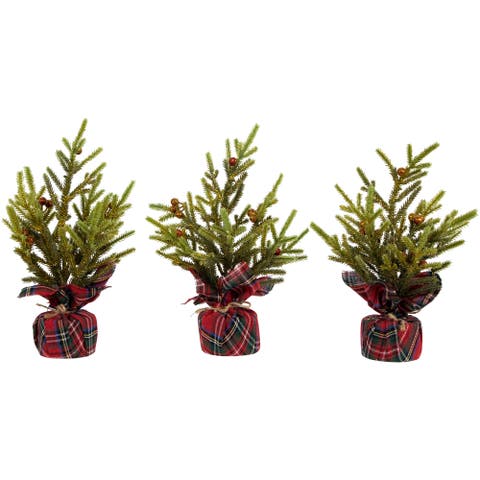 Mini Glittered Pine with Berries Artificial Christmas Trees - 9" - Set of 3