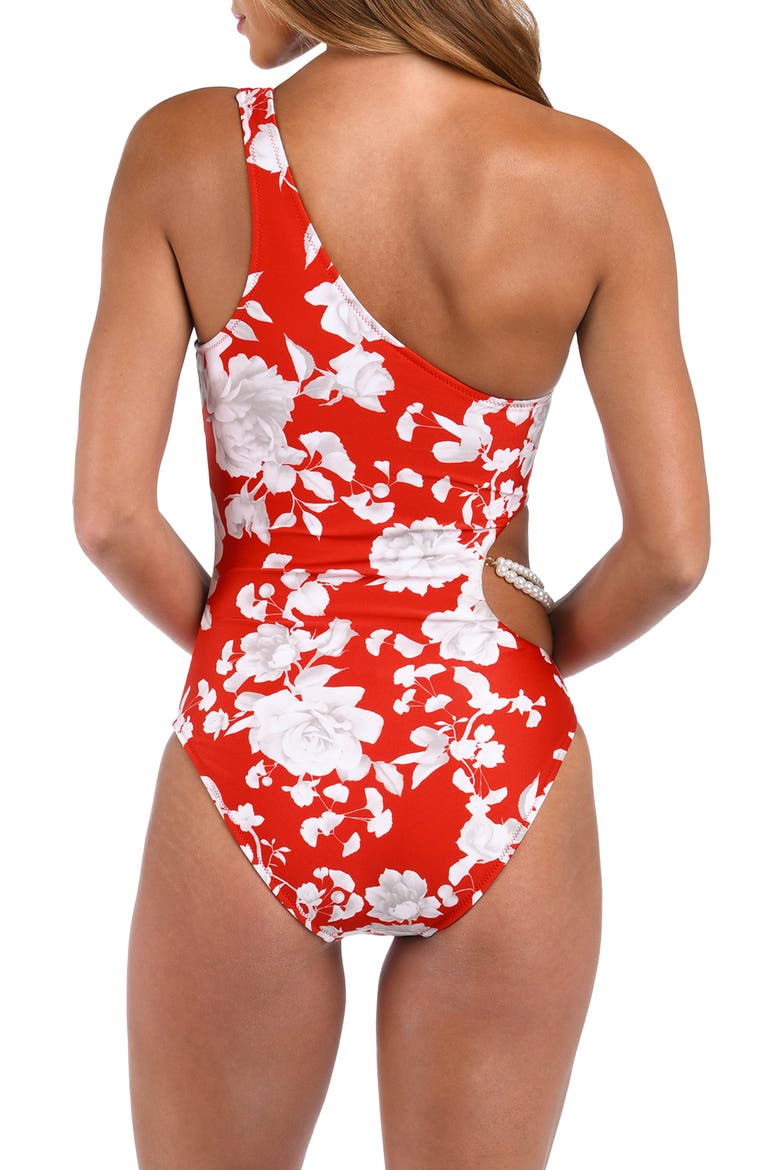 Ava Ikebana One-Shoulder Cutout One-Piece Swimsuit, Alternate, color, ROUGE