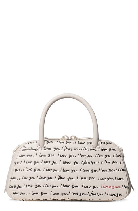 grace i love you script embossed leather top handle bag