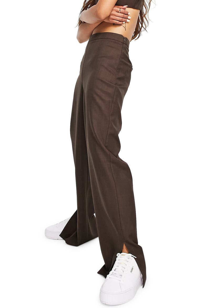 High Waist Side Slit Trousers, Alternate, color, BROWN