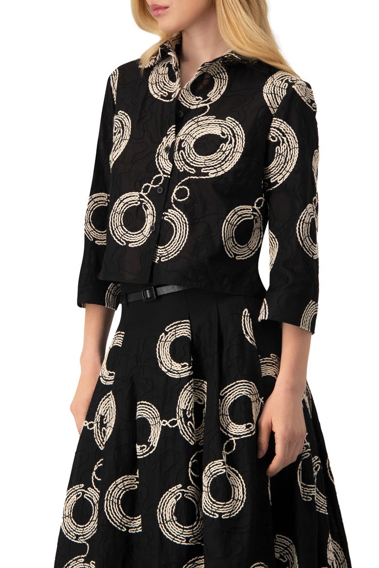Black Cropped Shirt with Circular Embroidery, Alternate, color, Black