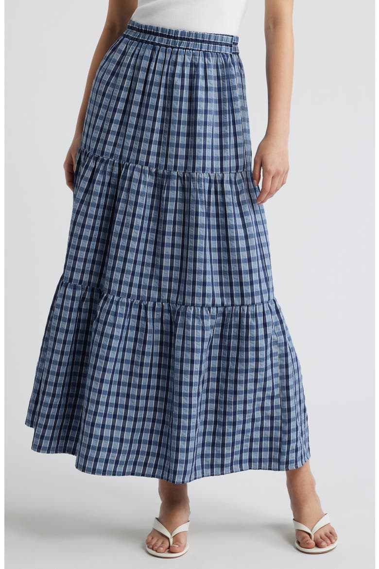 Rockwell Check Tiered Midi Skirt, Main, color, NAVY CHECK
