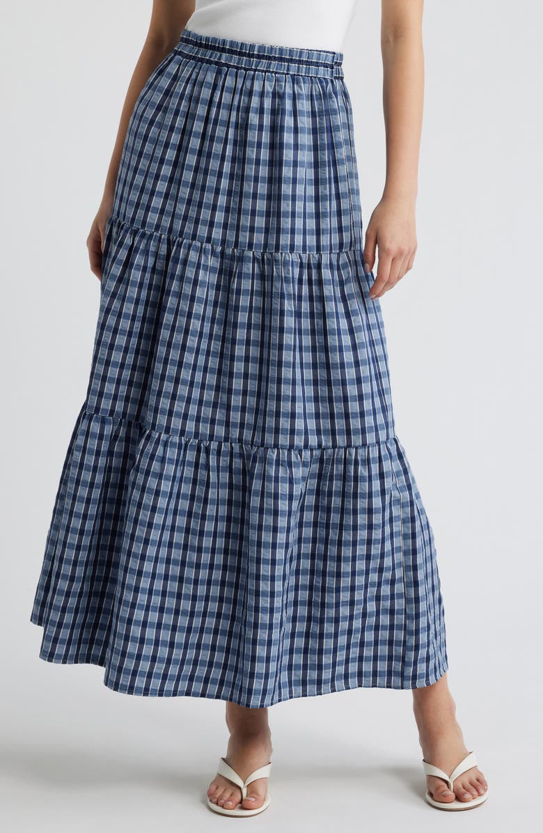 Princess Polly Rockwell Check Tiered Midi Skirt, Main, color, Navy Check