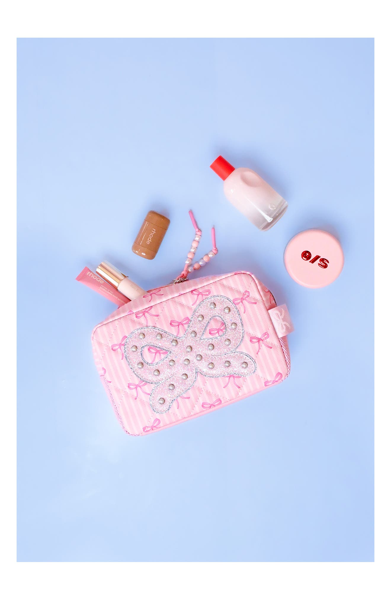 Kids' Bow Pearl Quilted Cosmetic Pouch, Alternate, color, LOLLIPOP