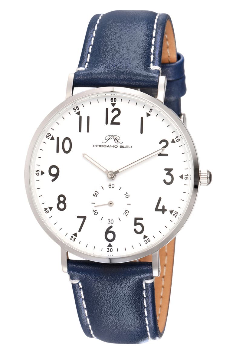 Rowan Leather Strap Watch, 40mm, Main, color, BLUE