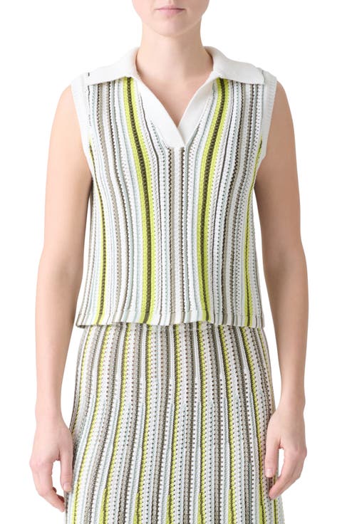 Stripe Mixed Stitch Sleeveless Polo Sweater
