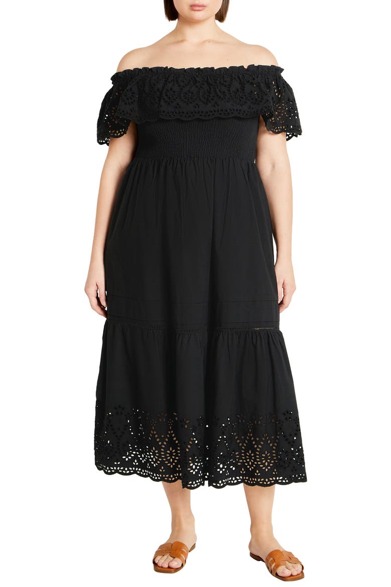 Jayde Off the Shoulder Ruffle Cotton Dress, Main, color, BLACK