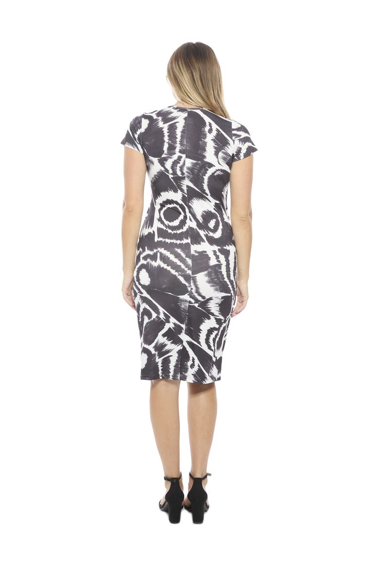 Womens Abstract V-Neck Short Sleeve Knee Length Faux Wrap Dress, Alternate, color, Black Multi