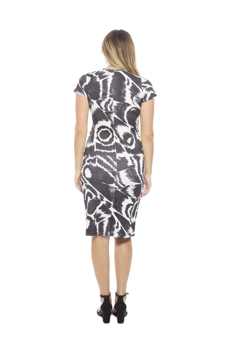 24seven Comfort Apparel Womens Abstract V-Neck Short Sleeve Knee Length Faux Wrap Dress, Alternate, color, Black Multi