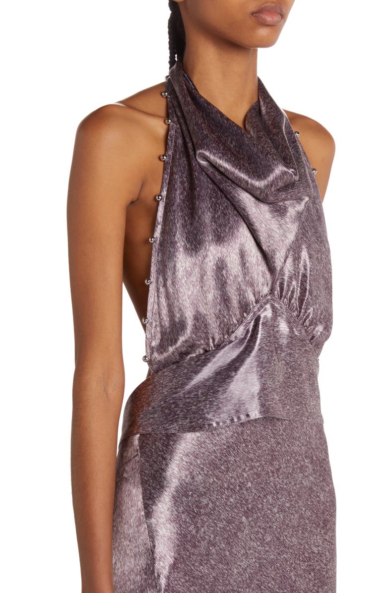 Bottega Veneta Beaded Print Cupro Twill Halter Dress, Alternate, color, 5206 Lilac/ Midnight