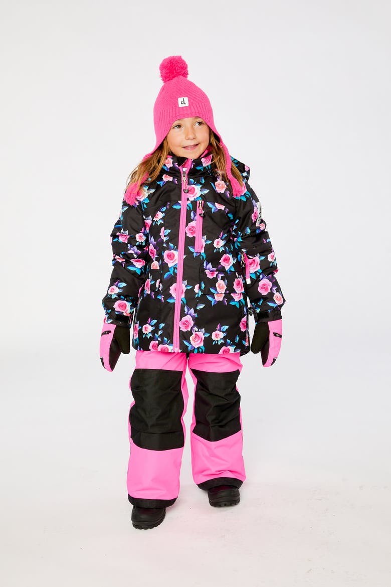 Floral Jacket & Foot Strap Pants Two Piece Snowsuit, Alternate, color, Black Printed