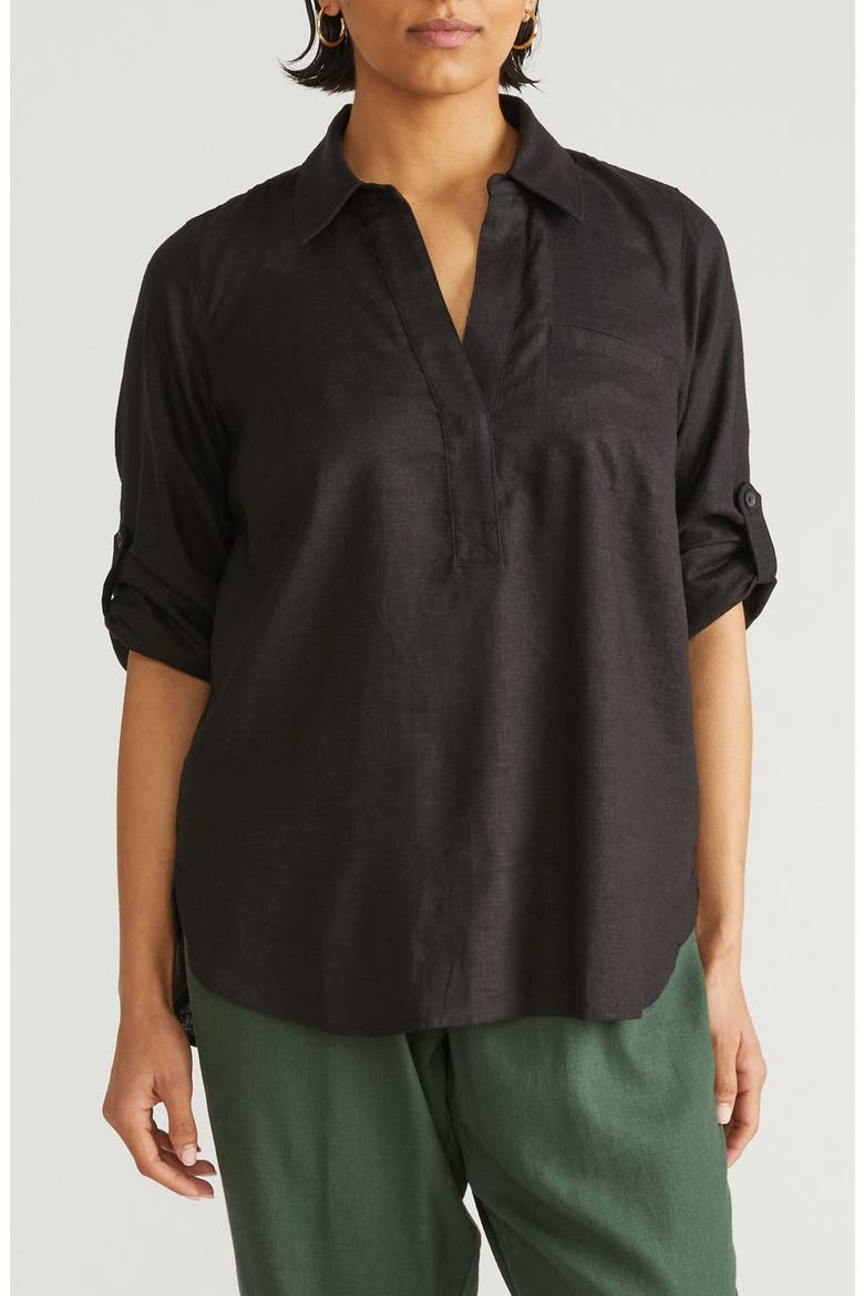 Button Back Linen Blend Polo, Main, color, BLACK