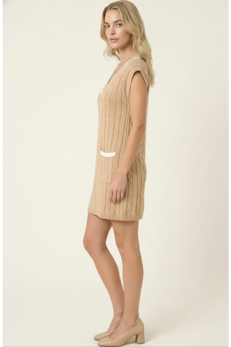 Cable-Knit Mini Sweater Dress with Pockets, Alternate, color, Beige