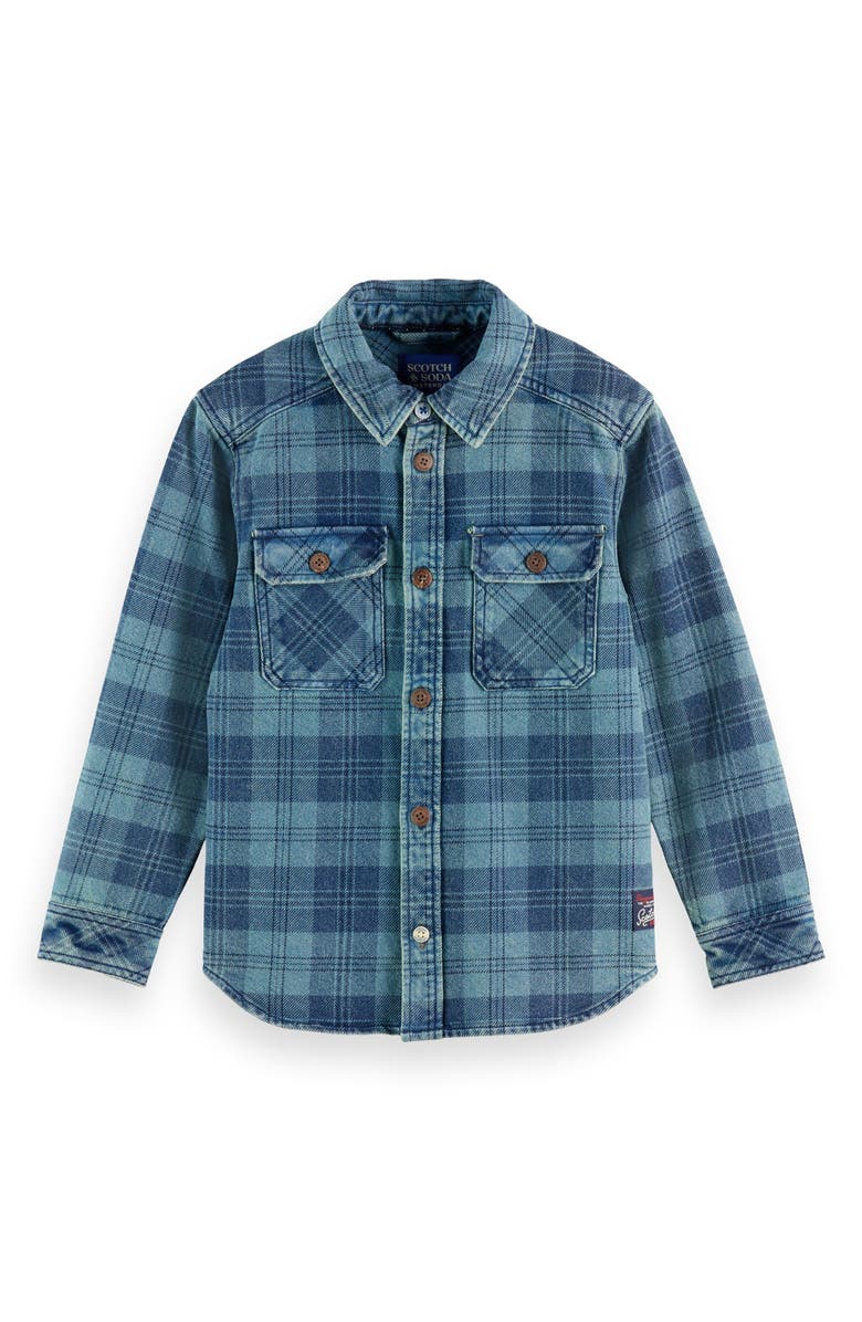 Scotch & Soda Kids' Washed Check Denim Overshirt, Main, color, Indigo Check
