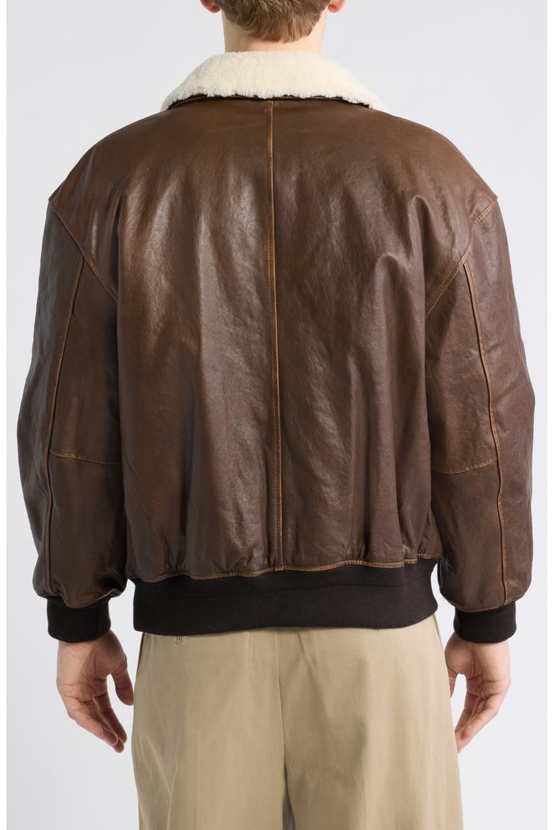 Unisex Detachable Genuine Shearling Collar Leather Bomber Jacket, Alternate, color, BROWN