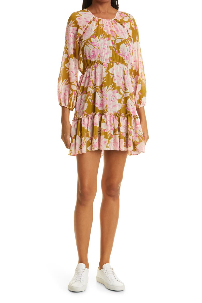 Women's Hadi Floral Long Sleeve Tiered Dress, Main, color, OLIVE OIL/ PINK
