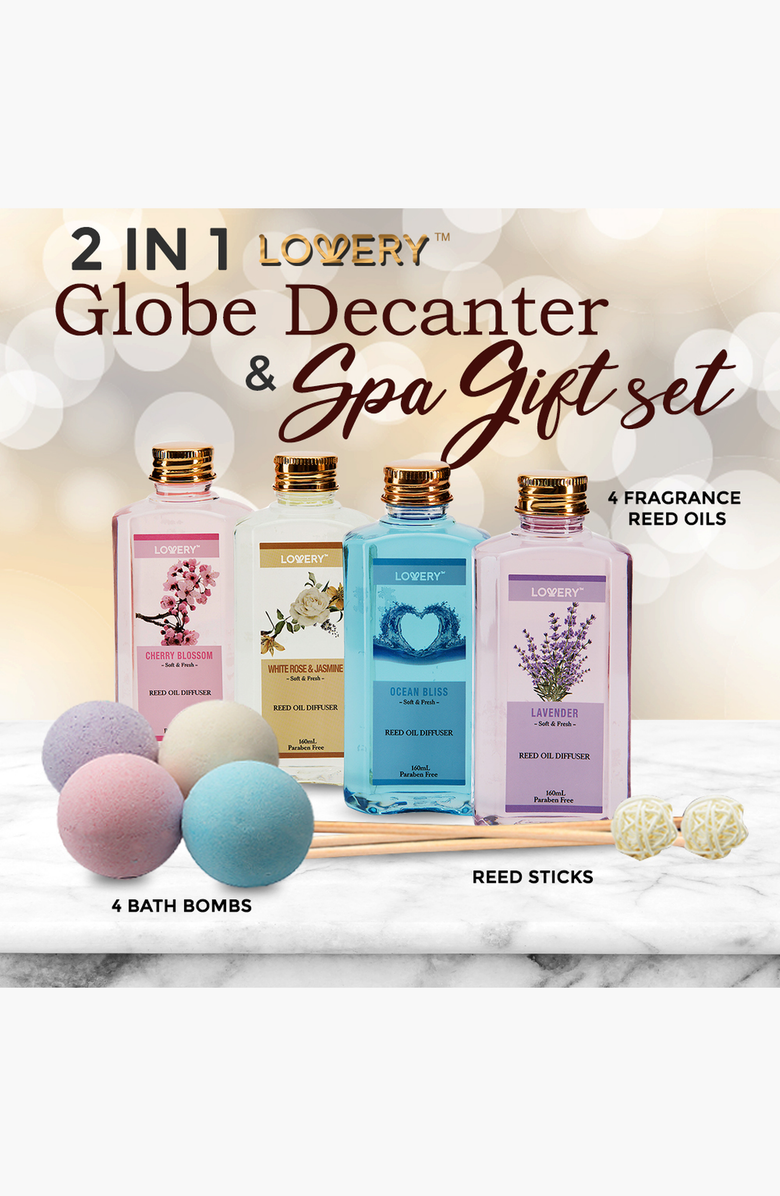 Lovery Whiskey Wine Globe Decanter and Spa Essentials Gift Set Deluxe 20pc, Alternate, color, 