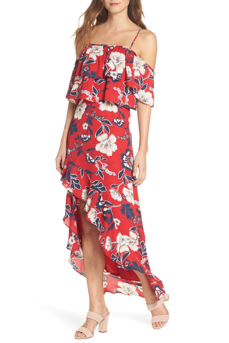 BB Dakota Taylore Convertible Strap Maxi Dress, Alternate, color, RED FLORAL PRINT