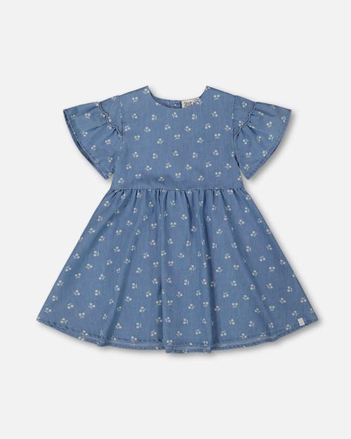 Deux Par Deux Girl's Printed Chambray Dress Blue And White Cherries In Blue And White Cherries